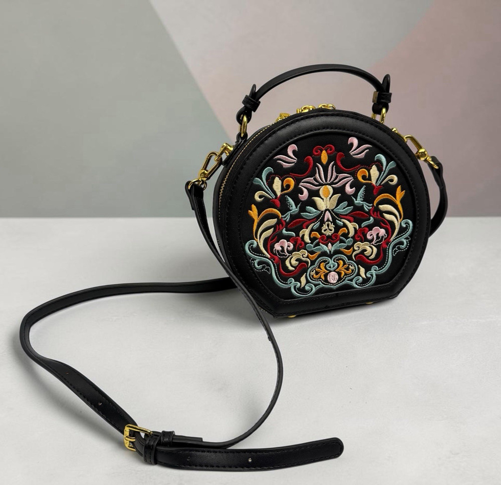 Mia K Embroidered Round Crossbody Bag Black Floral Handbag Boho Purse